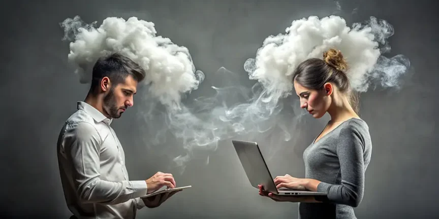 une personne face à un écran d'ordinateur affichant un site web et un smartphone montrant une application mobile, exprimant l'hésitation entre les deux choix